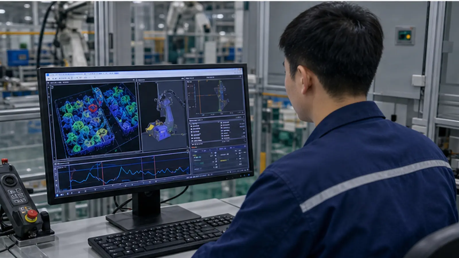 3D 视觉机器人上下料引导系统 在3D 视觉机器人上下料单元运行的工业视觉现场